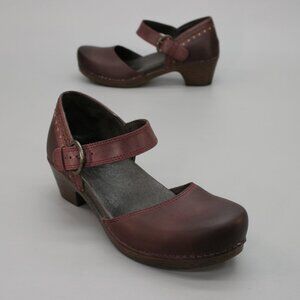 Dansko Ladies 40 (9.5-10) Makenna Wine Red Leather Mary Jane Studded Heels Clogs